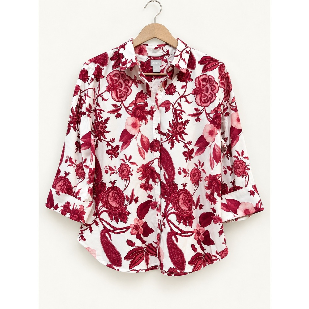 Chico's No-Iron Chic Stretch Floral Paisley Button Down Shirt Red Pink Size 2.5